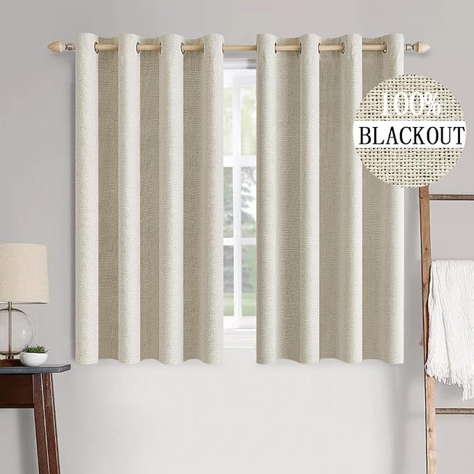 MIULEE 100% Blackout Linen Textured Curtains for Bedroom Solid Thermal Insulated Cream Grommet Room Darkening Curtains & Drapes Luxury Decor for Living Room 52 x 45 Inch (2 Panels)