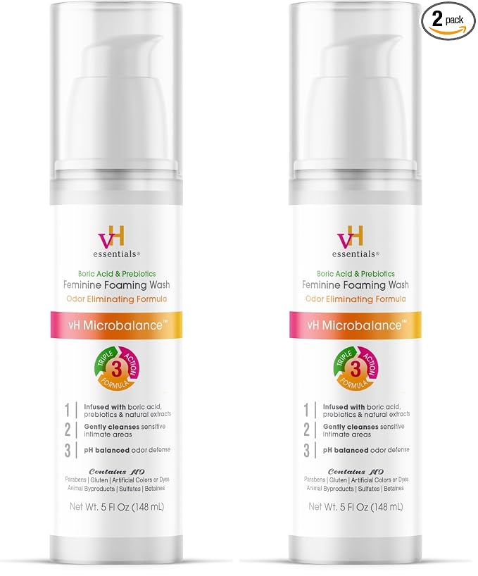 vH essentials Feminine Foaming Wash with Boric Acid and Prebiotics, Odor Eliminating pH-Balanced Daily Cleanser with Lavender and Chamomile, 5 fl oz (Pack of 2)