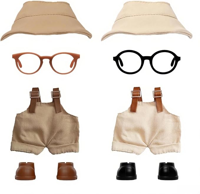 2PCS Doll Clothes Set for 17cm Dolls – Stylish Outfit with 2 Hat, 2 Overalls, 2 Shoes & 2 Glasses of Clothes Designer, Cute Clothes for Dress up Unique Style (Khaki+Beige) (Doll Not Included)