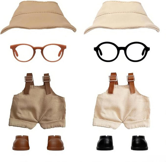 2PCS Doll Clothes Set for 17cm Dolls – Stylish Outfit with 2 Hat, 2 Overalls, 2 Shoes & 2 Glasses of Clothes Designer, Cute Clothes for Dress up Unique Style (Khaki+Beige) (Doll Not Included)