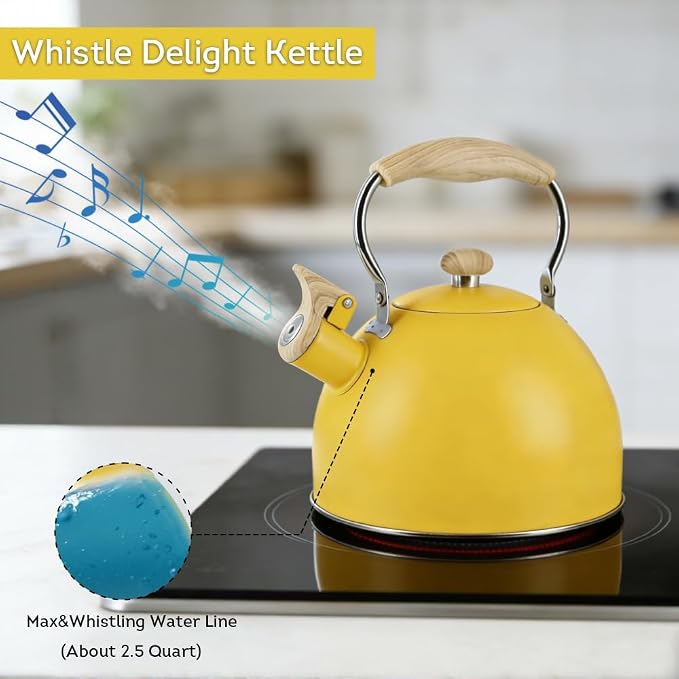 Lily's Home Whistling Tea Kettle, Teapot for Stovetop, Pleasant Whistle Sound, Heat Resistant Plastic Handle – Faux Wood Finish, Non Toxic Stove Kettle for Boiling Water - 2.5 Quarts (Yellow)