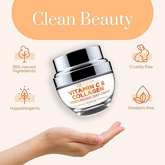 Clear Beauty Vitamin C & Collagen Face Moisturizer - Hydrating Anti Aging Day Cream For Dry Skin & Uneven Tone - Firms & Revitalizes - Dermatologist Tested, Korean Skin Care, Clean Beauty - Duo Pack