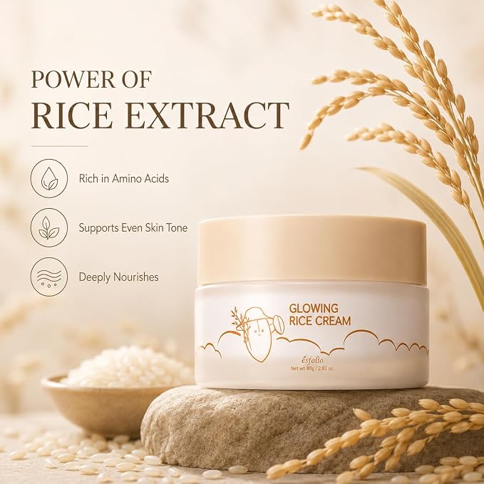 esfolio made in Korea Rice Facial Cream 2.82 oz (80 g) Daily Moisturizing Face Cream with Rice Extract, Lightweight and Smooth Texture, Facial Skin Care Moisturizer for Morning and Evening Use