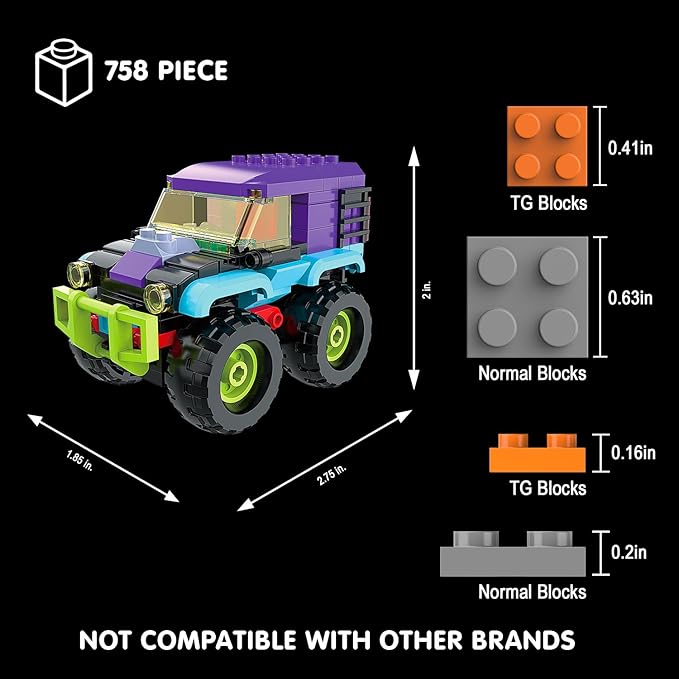 Monster Truck Micro Brick Building Toy for Boys and Girls, Pull Back Car Toys for Kids, DIY Building Toy, Gift Idea for Teens Ages 8+ Kids