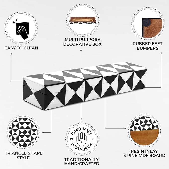Handicrafts Home Decorative Storage Box with Lid, Black and White Decorative Remote Control Box, Slim Coffee Table Storage Box, Decorative Box for Shelf, Desk & Living Room Decor, 10 x 2.5 x 1.5