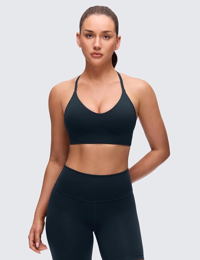 CRZ YOGA Butterluxe Thin Straps Cross Back Longline Sports Bras for Women - Padded V Neck Yoga Crop Top