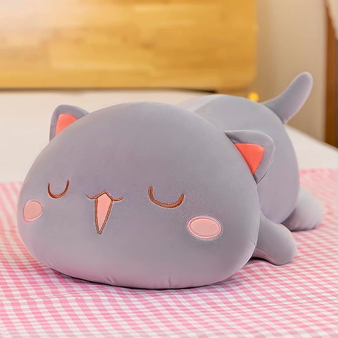 FUYU Cat Stuffed Animals, Soft Cat Plush Pillow Kawaii Kitten Stuffed Animal Toy Gifts for Kids Boys Girls Room Decor (Gray Squinted,15in/37cm)