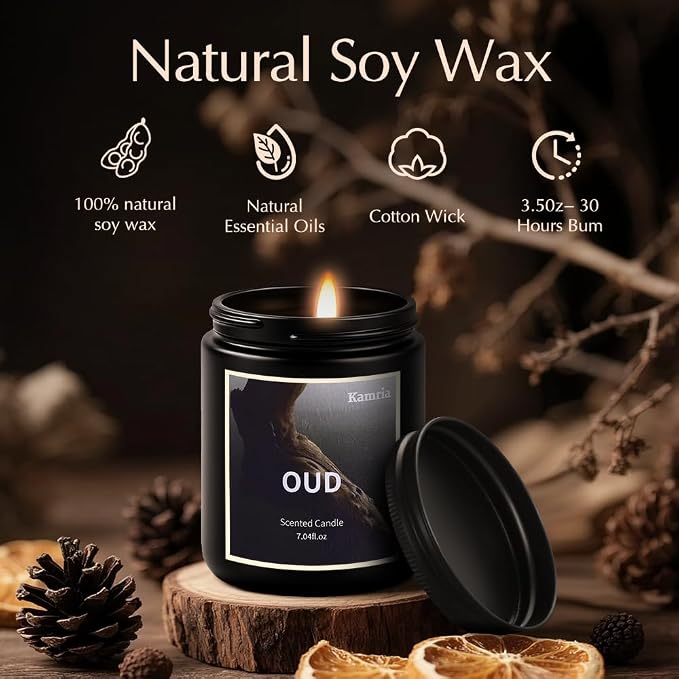 Oud Scented Candle for Men, Masculine Woodsy Aromatherapy Jar Candle, Natural Soy Wax Long Lasting Burn, Luxury Black Decor Gift for Him, 7oz