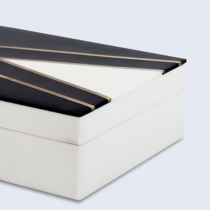 Handicrafts Home Black and White Decorative Storage Box with Lid– Slim Rectangular Storage Box, Handmade Resin Inlay Wooden, Remote Holder, Desk Organizer, Decorative Keepsake & Jewelry Box- 6x8x1.5
