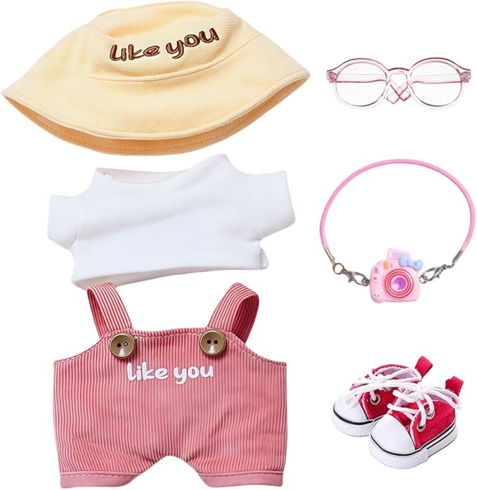 17cm Doll Designer Clothes Set, Labooboo Doll Outfit Set Accessories with Tshirt, Pink Overall, Pink Camera, Glasses, Shoes, Yellow Bucket Hat, Pink