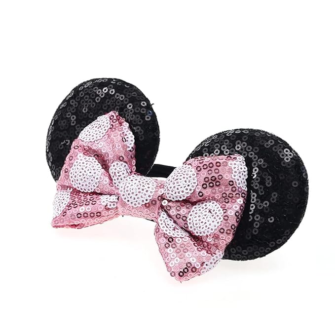 JIAHANG Mouse Ears Sequin Bow Hairband with Polka Dot, Hair Bow Nylon Headband, Soft Elastic Headwear for Baby Girl Newborn Party Supplies