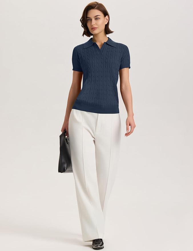 Micoson Womens Short Sleeve Sweater Tops Lapel V Neck Polo Shirts 2026 | Summer Cable Knit Loose Blouses, Business Casual Outfits