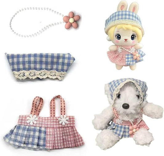 15-17cm Doll Clothes Set - Plaid Dress with Hat & Pearl Necklace for Stuffed Animals (No Doll Included)