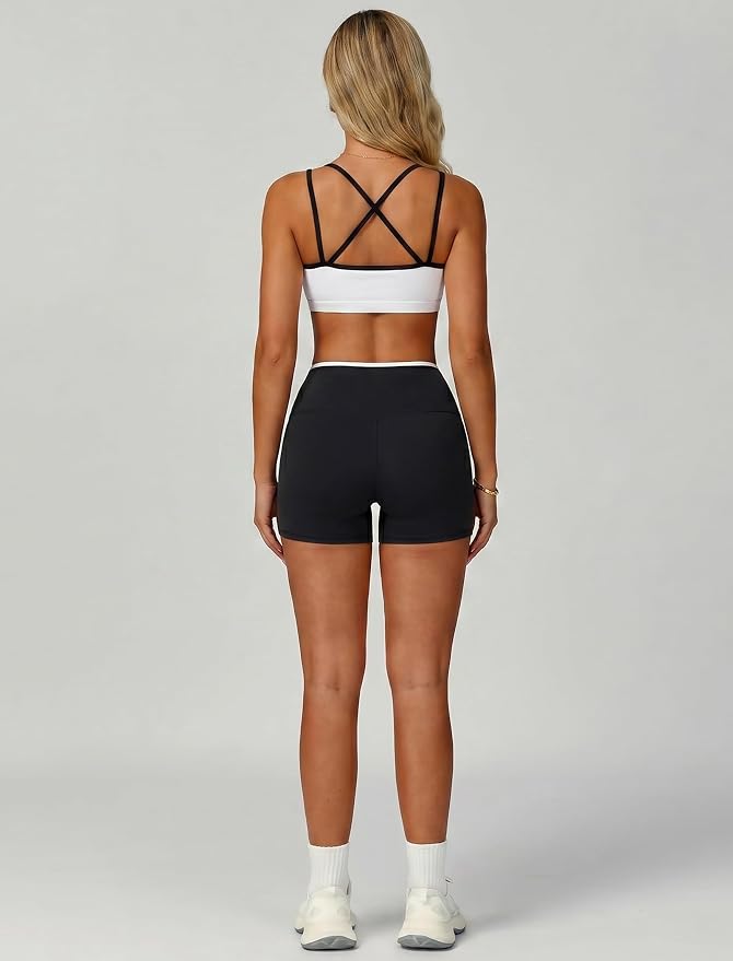 ABOCIW Workout Sets for Women 2 Piece Color Block Strappy Sports Bra High Waist Shorts Gym Yoga Pilates Outfits