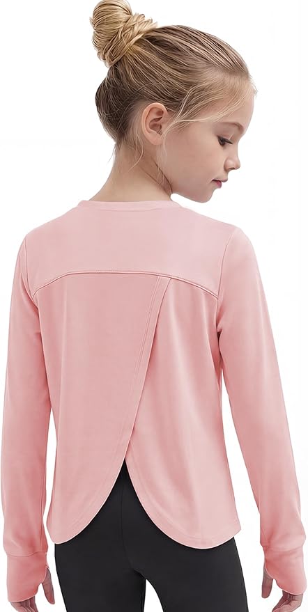 Gogokids Girls Shirts Long Sleeve Athletic Shirts Open Back Tops Active Sports Tshirts Yoga Workout Crop Tees 5-14 Years