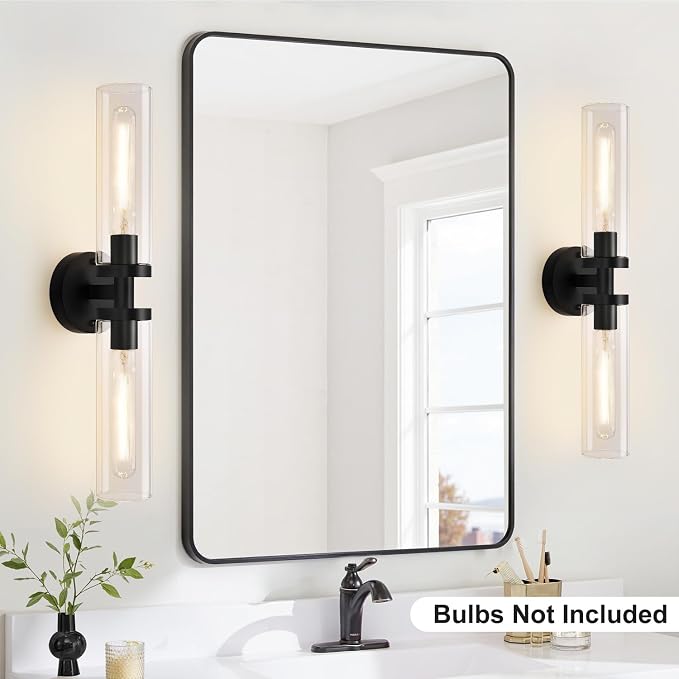 Indoi Matte Black Wall Sconces, Hardwired Bathroom Sconces Wall Lighting with Clear Glass, Modern Sconces Wall Light fixtures for Bathroom Mirror Living Room Hallway Bedroom