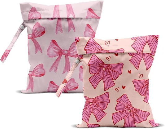 2Pcs Bow Tie Wet Bag for Vacation Essentials, Waterproof Reusable Wet Dry Bags, Heart Washable Travel Laundry Bags for Beach Diapers Dirty Yoga Gym Clothes, Pink Gifts for Women Friend, 12x10 Inch