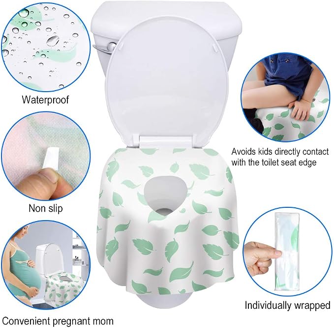 Toilet Seat Covers Disposable, Famard Extra Large Portable Potty Seat Covers for Toddlers, Soft and Waterproof Travel Potty Training Seat for Kids with Individually Wrapped (18 Packs) Green leaf