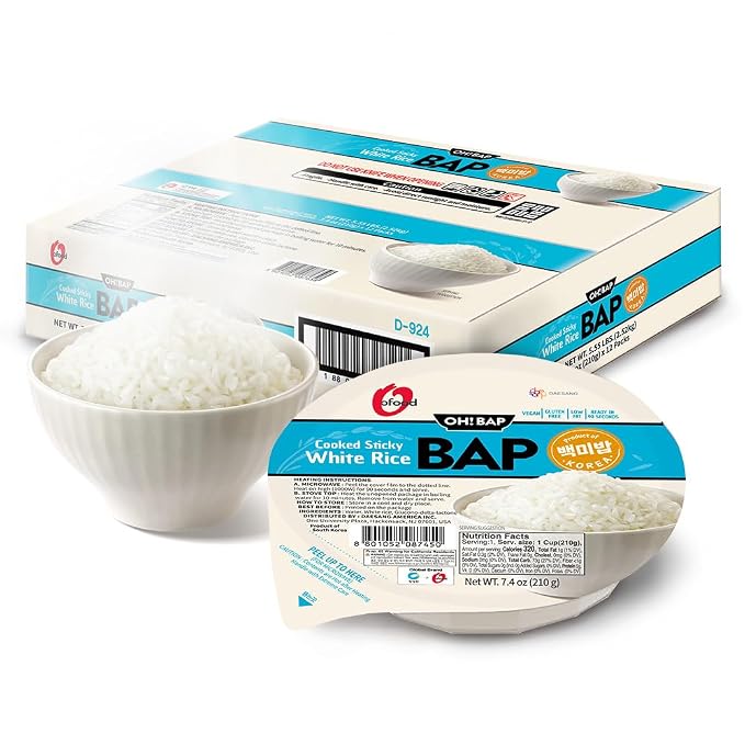 Premium Instant Rice | Sticky Sushi Rice | 0 Trans Fat/ 0 Cholesterol/ 0 Sodium | Ready in 90 Secs | Gluten-Free | Healthy Sticky White Rice Bowls (Bap) – [WHITE Rice |12 Pack] | Long Shelf Life - O'Food
