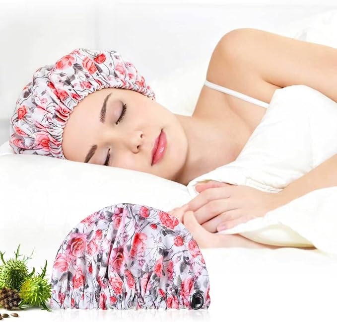 Reusable Castor Oil Hair Cap for Women, Suitable for Treating Dry, Damaged Hair, Overnight Organic Cotton Hair Cap (Oil Not Included), Red Flowers, M
