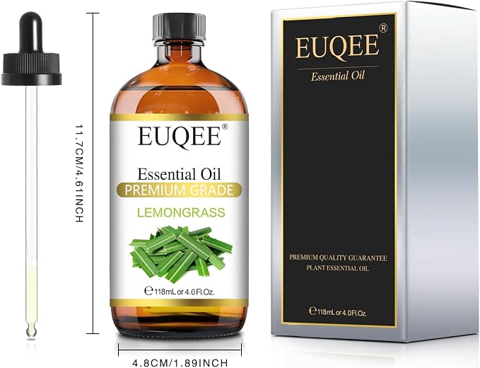 EUQEE Lemongrass Essential Oil 118ml Premium Lemongrass Oil with Glass Dropper, Great for Diffuser, Candle Making - 4Fl. Oz