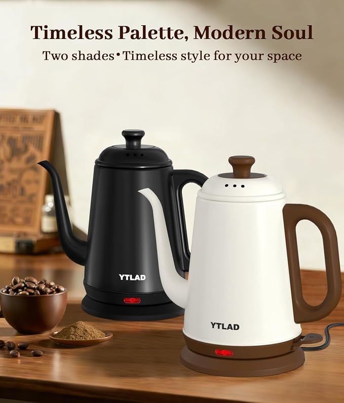 Gooseneck Electric Kettle 1L, 1000W Fast Boiling for Pour-Over Coffee & Tea, 304 Stainless Steel BPA-Free, Precise Flow Spout, Auto Shut-Off & Boil-Dry Protection, Retro Style (White)