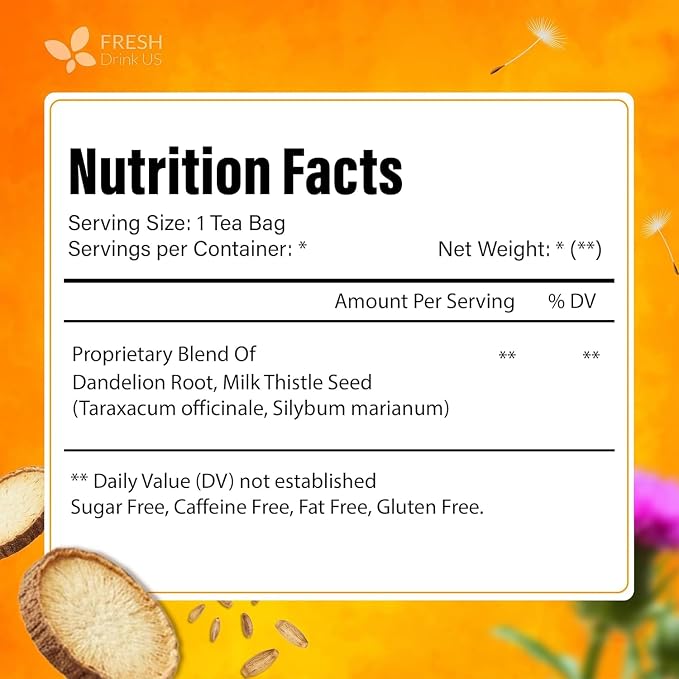 FreshDrinkUS, Premium Dandelion Milk Thistle Herbal Tea | 75 Tea Bags | Herbal Blend with Dandelion Root & Milk Thistle Seed – Clean Plant-Based Daily Tea, Naturally Caffeine Free. Sugar Free. Vegan