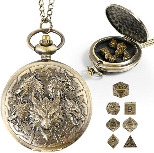D&D Dice Set,7PCS Metal Dice for Dungeons and Dragons,Mini Dice Set with Pocket Watch Case,Role Playing Board Games Accessories (Dragon, Bronze)
