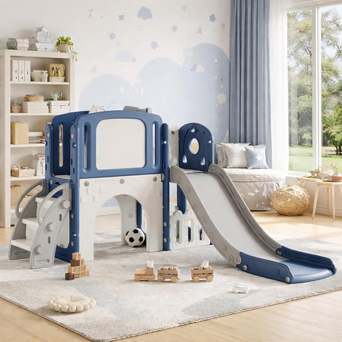 8-in-1 Toddler Slide Playground Set for Indoor & Outdoor Fun – Includes Climber, Basketball Hoop, Telescope, Tunnel, and Storage Space for Kids – Perfect for Backyard & Courtyard Activities