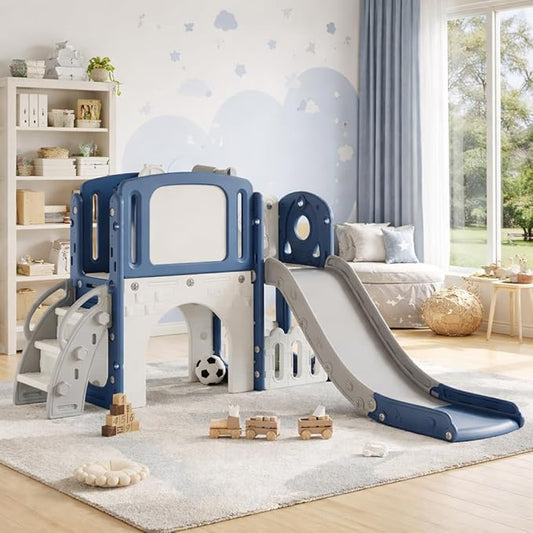 8-in-1 Toddler Slide Playground Set for Indoor & Outdoor Fun – Includes Climber, Basketball Hoop, Telescope, Tunnel, and Storage Space for Kids – Perfect for Backyard & Courtyard Activities