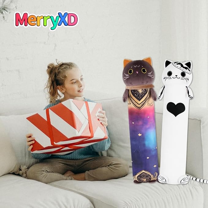MerryXD Kawaii Long Cat Plush Body Pillow,28”Soft Cute White Stuffed Animals Plushies, Kids Big Doll Toys, Ideal Gifts for Cuddles,Girls,Girlfriend,Boys,Birthday,Christmas,Halloween,Valentine's Day