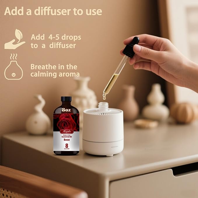 Rose Essential Oil, Rose Oil for Diffuser, Humidifier, Skin Care, Massage, DIY Soap, Candle, Bath, Yoga, Relaxation, Gift Ready, Rose Fragrance Oil - MLYNKL Essential Oils (8.33 fl oz / 250ml)