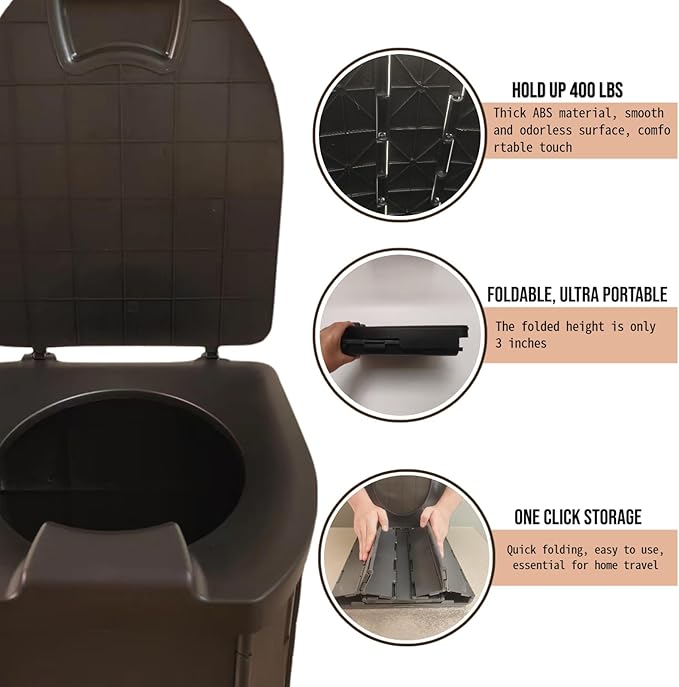 Portable Outdoor Folding Toilet, 400lbs Heavy-Duty Camping Toilet with Phone & Paper Holders, Compact, Easy Clean-up, for Adults/Kids, Car Travel, Beach, Hiking, and More