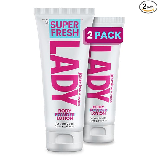 Body Powder Lotion and Deodorant for Women Aluminum Free Powder Cream for Privates Underboob Thighs and Skinfolds Jasmine Rose Scent Feminine Care 2 Pack 4 oz Tubes for Daily Freshness and Comfort