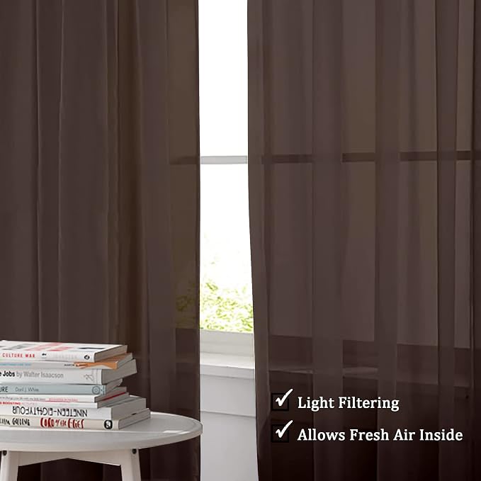 OWENIE Sheer Chocolate Curtains, Sheer Curtains 90 Inches Long 2 Panels Set, Rod Pocket Voile Fimly Sheer Drapes for Living Room/Bedroom, 2pcs, Chocolate, Each 42" W x 90" L