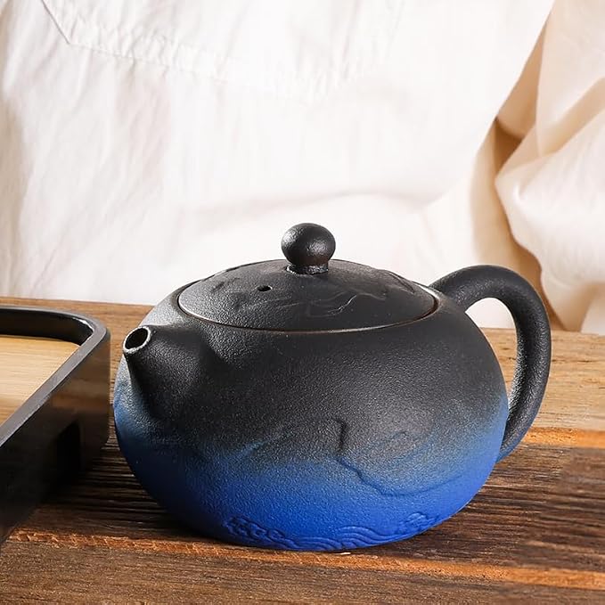 LURRIER Gongfu tea sets, Portable Ceramic TeaSet, Asian Tea sets for adult, Tea Gift sets, Grey leather case, Portable Travel Bag,Home,Gifting,Outdoor and Office(XBlack and Blue)