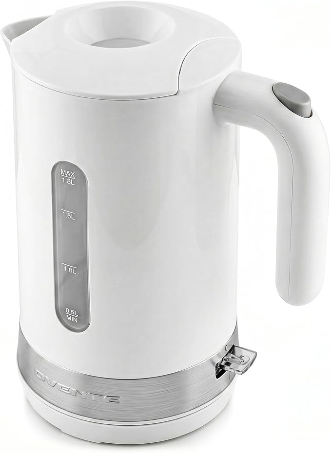 OVENTE 1.8L Electric Kettle, 1500W Fast Boiling Heater for Coffee or Tea, BPA Free, Easy to Fill Lid, Water Level Window, Auto Shut-Off, Boil-Dry Protection and Removable Filter, White KP413W