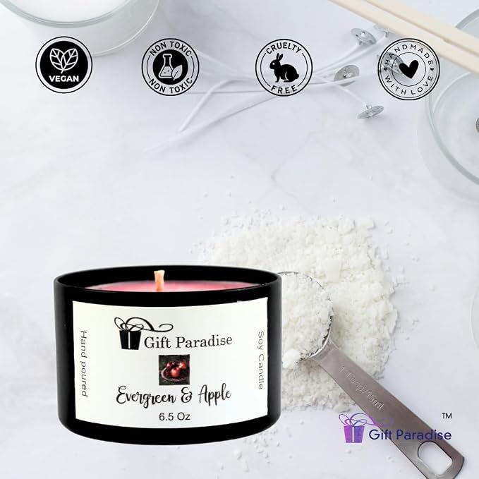 Evergreen & Apple Soy Wax Candle in Black Metal Tin, 6.5 oz, Cotton Wick, White Fir, Forest Apple
