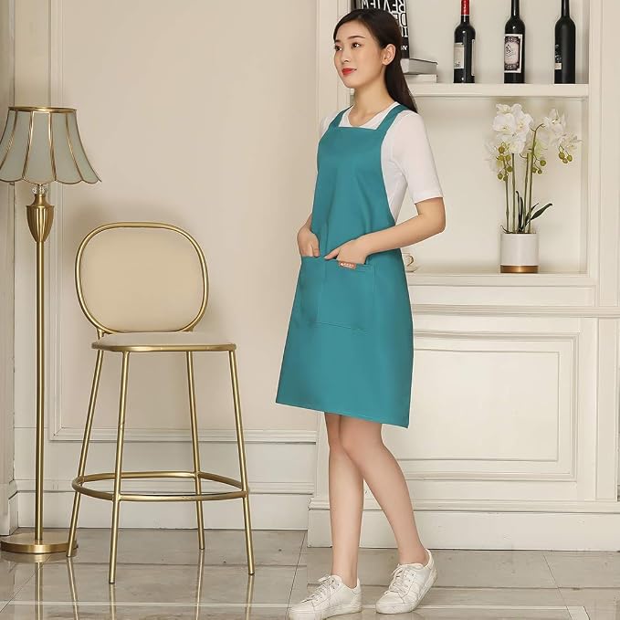 NEWGEM 100% Cotton Cross Back Apron for Women with 2 Pockets - Adjustable Button Straps Pinafore, No Neck Pain Kitchen Chef Apron for Baking, Gardening, Art Teacher (Light Green)