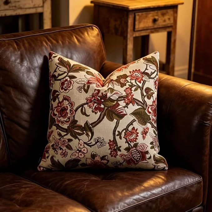 Neutral Floral Pillow Cover 18x18, Vintage Linen Square Pillow Cover Soft Decorative Farmhouse Accent Pillow Cases for Couch Bedroom Living Room Home Decor, Red