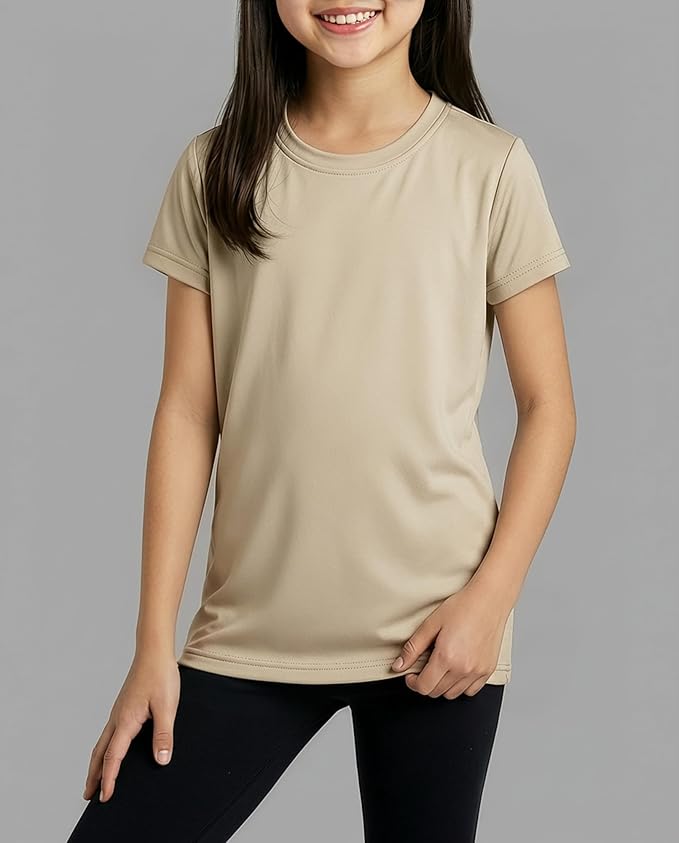 Real Essentials 5 Pack: Girls' Short Sleeve Dry-Fit Athletic T-Shirt - Active Gym Crew Neck Tops for Teens Kids (Ages 4-16)