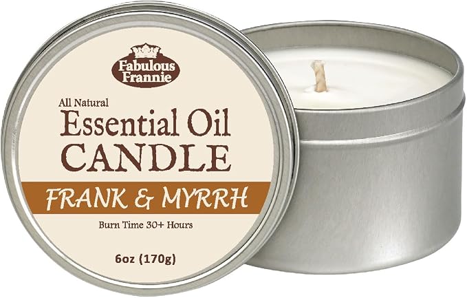 Fabulous Frannie All Natural Aromatherapy Soy Candle Travel tin Made with Pure Essential Oils 100 Hours Burn time 6oz (Frankincense & Myrrh Blend)