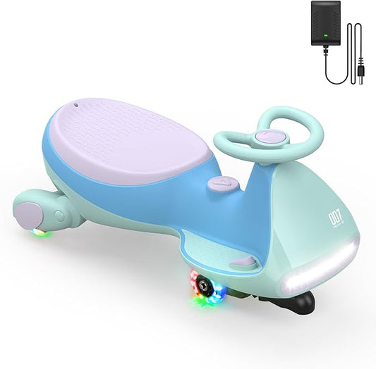 FanttikRide N7 Pro Electric Wiggle Car, Rechargeable Battery, CyberWiggle, 2 in 1 Swing Car, 2 Speeds Max 4 Mph, Anti-Rollover, Flashing Wheels, Bluetooth, for Ages 3 and Up, 150 Lbs, Glacier Blue