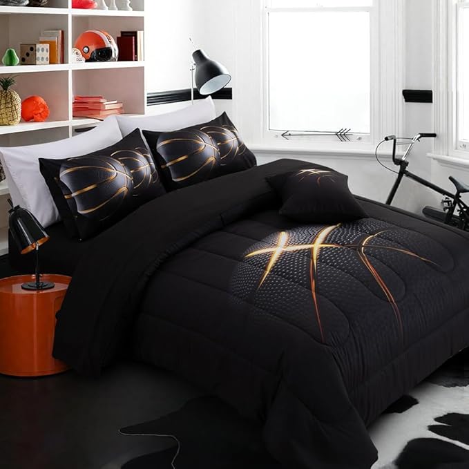 A Nice Night Full Comforter Set 6Pcs Comforter & Sheet Set,3D Phnom Penh Black Basketball Printing Bedding Set,Full