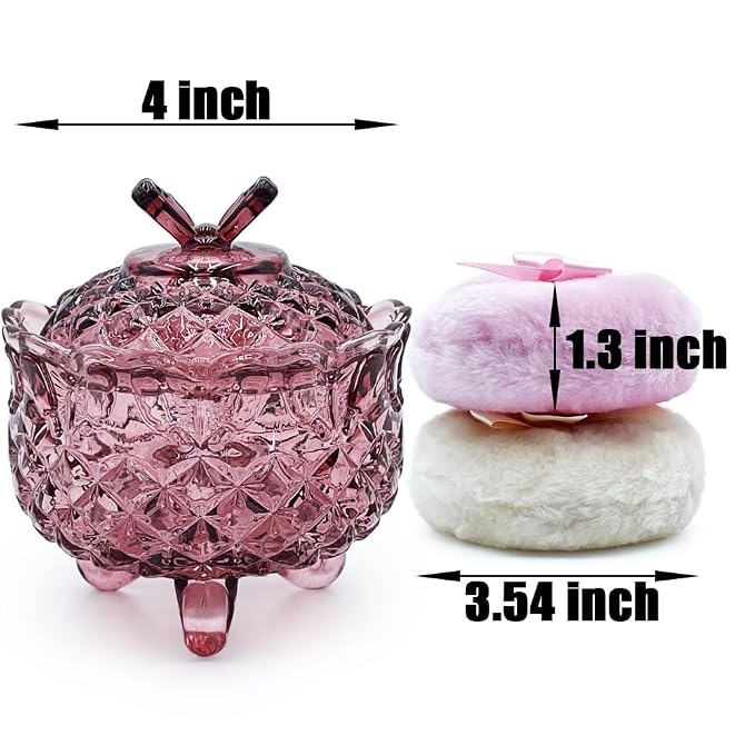 Luxury 4 Inch Glass Powder Container with 2 Soft 3.5" Puffs｜Non-Sealed Refillable Organizer for Body Powder,Makeup & Jewelry｜Setting Powder Applicator w/Loose Powder Storage(Butterfly-Purplish Red)