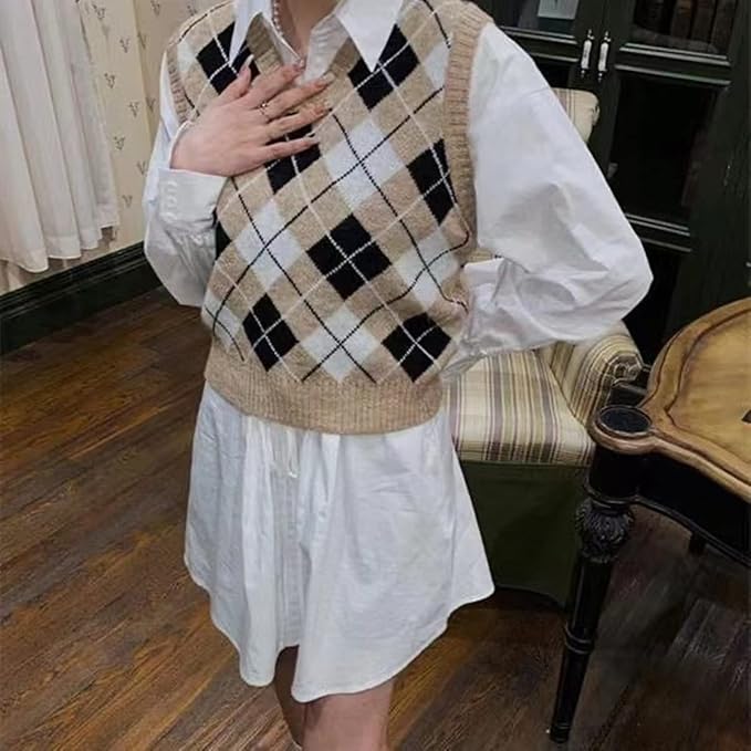 Women's Sweater Vest,Y2K Sleeveless Pattern Preppy Style Knitted Crop Tank Top for Girl