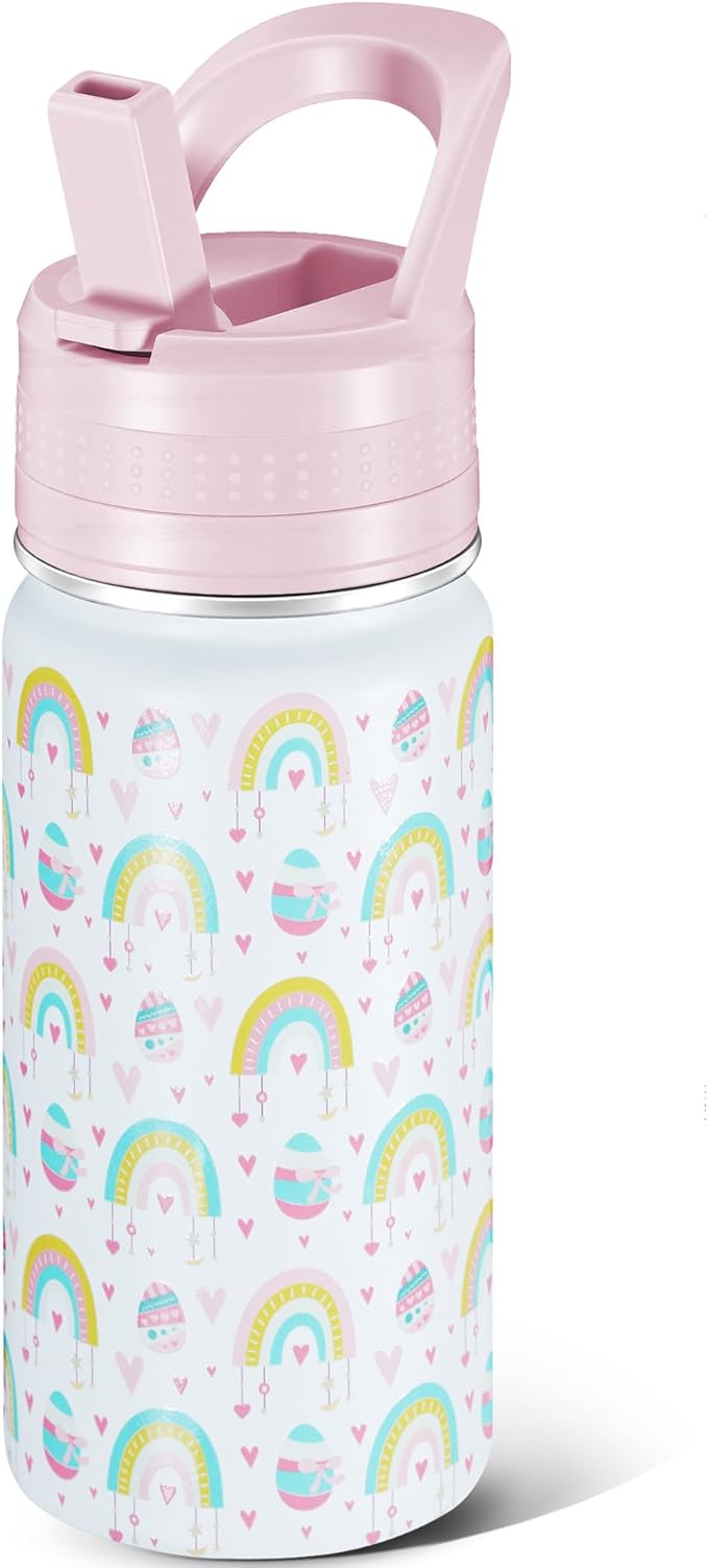 Kids Water Bottle,14oz Stainless Steel Insulated Water Tumbler Leak-Proof,School Water Mug,Small and Portable,Suitable for Boys and Girls to Use(White cartoon rainbow)