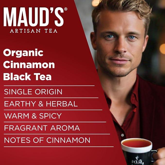 Maud's Organic Cinnamon Black Tea Pods, 44 ct, Single Serve Tea Pods – 100% Gourmet Blended Tea Leaves, Compatible with Keurig K Cups Maker
