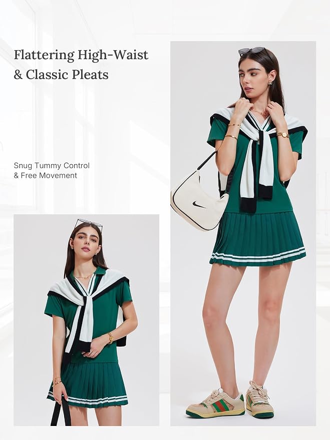 Women 2 Piece Tennis Skirt Set Pleated Golf Outfit, Polo V-Neck Athletic Dress Alternative Skort Set for Pickleball Pockets