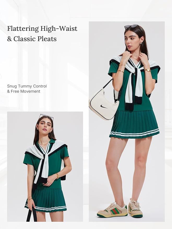 Women 2 Piece Tennis Skirt Set Pleated Golf Outfit, Polo V-Neck Athletic Dress Alternative Skort Set for Pickleball Pockets